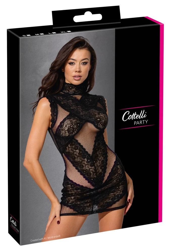Cottelli PARTY Sexy Minikleid aus Netz und Blütenspitze mit gekreuzten Spitzeneinsätzen, transparentem Rücken und verführerischem Stehkragen