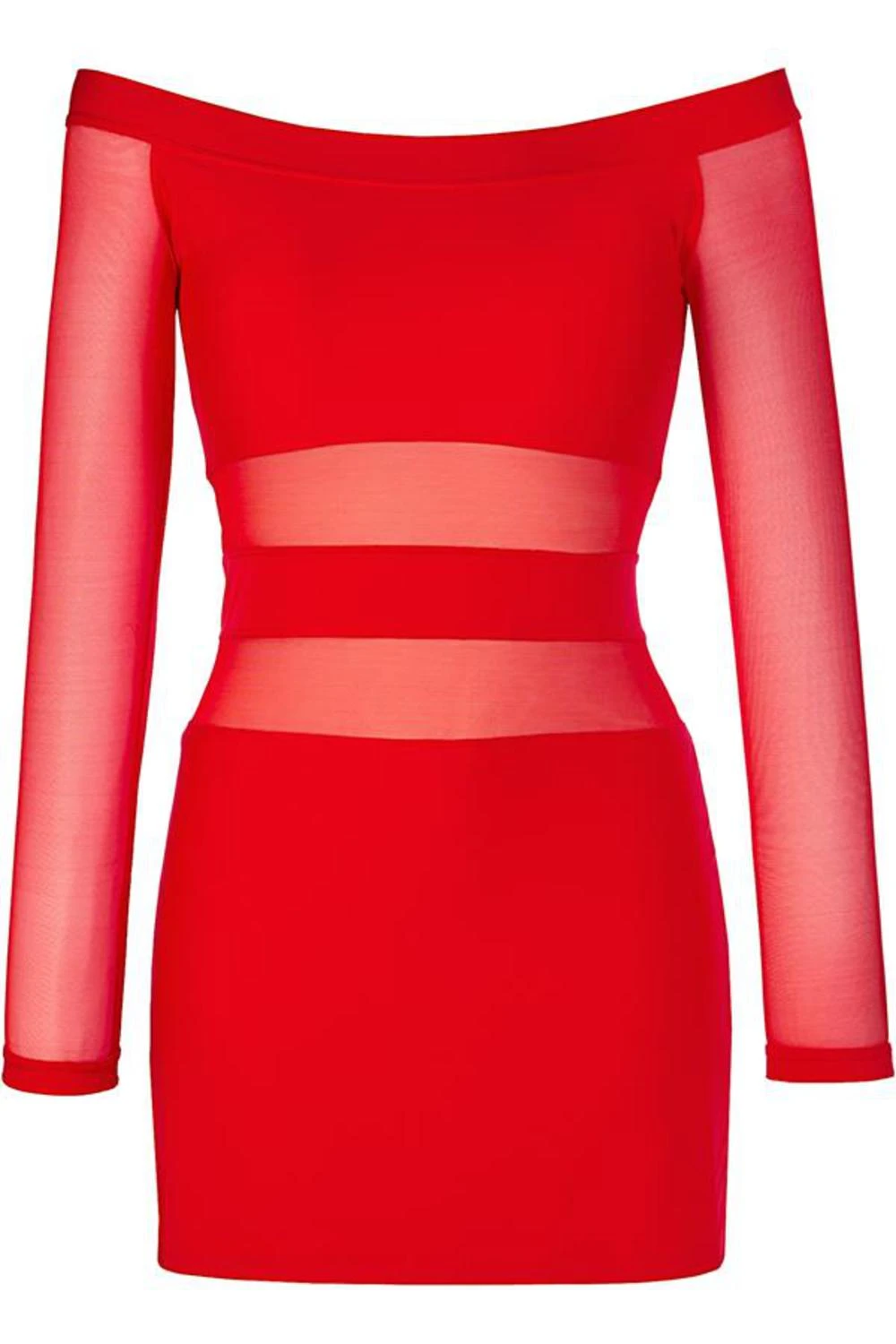 Axami schulterfreies Mikrofaser Wetlook Minilkeid mit Netzeinsätzen in rot Axami schulterfreies Mikrofaser Wetlook Minilkeid mit Netzeinsätzen in rot