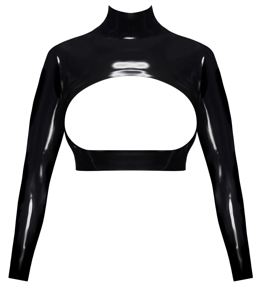 Latex Shirt, Busenfreies Latex-Crop-Top mit großem Front-Cut-out, Stehkragen, langen Ärmeln und Reißverschluss hinten. Latex Shirt, Busenfreies Latex-Crop-Top mit großem Front-Cut-out, Stehkragen, langen Ärmeln und Reißverschluss hinten.