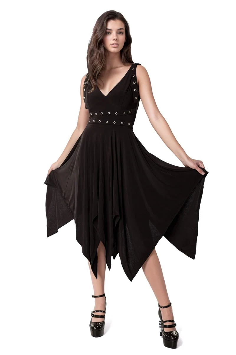 Schwarzes Steampunk Gothic-Kleid, ärmellos Romantik-Kleid, Mittellang von Ocultica, Rockwear