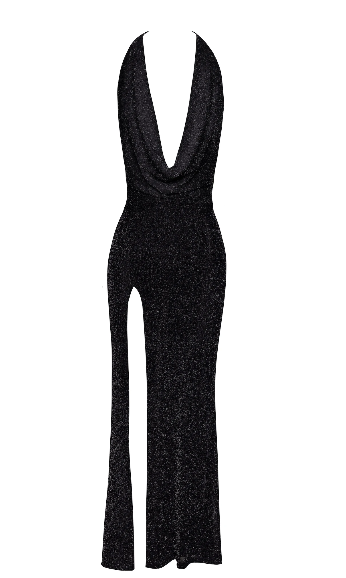 Langes Kleid Kinky Onyx Liquid von Noir Handmade F373 aus schimmerndem Netzmaterial mit Strasssteinchen, tiefem Wasserfallausschnitt und Gehschlitz für einen eindrucksvollen, glamourösen Look