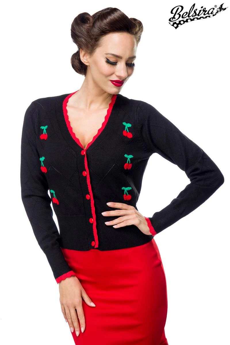 Retro Strickjacke mit Kirschen und langen Ärmeln von BELSIRA Retro Strickjacke mit Kirschen und langen Ärmeln von BELSIRA