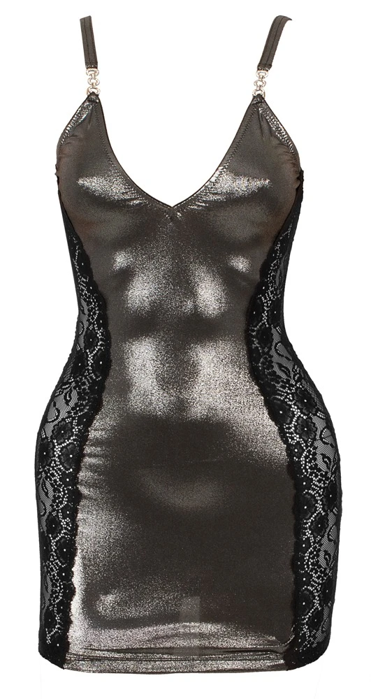 Cottelli PARTY Sexy Träger-Minikleid in irisierendem Silber mit schwarzer Blütenspitze, tiefem V-Ausschnitt und funkelnden Strass-Trägern