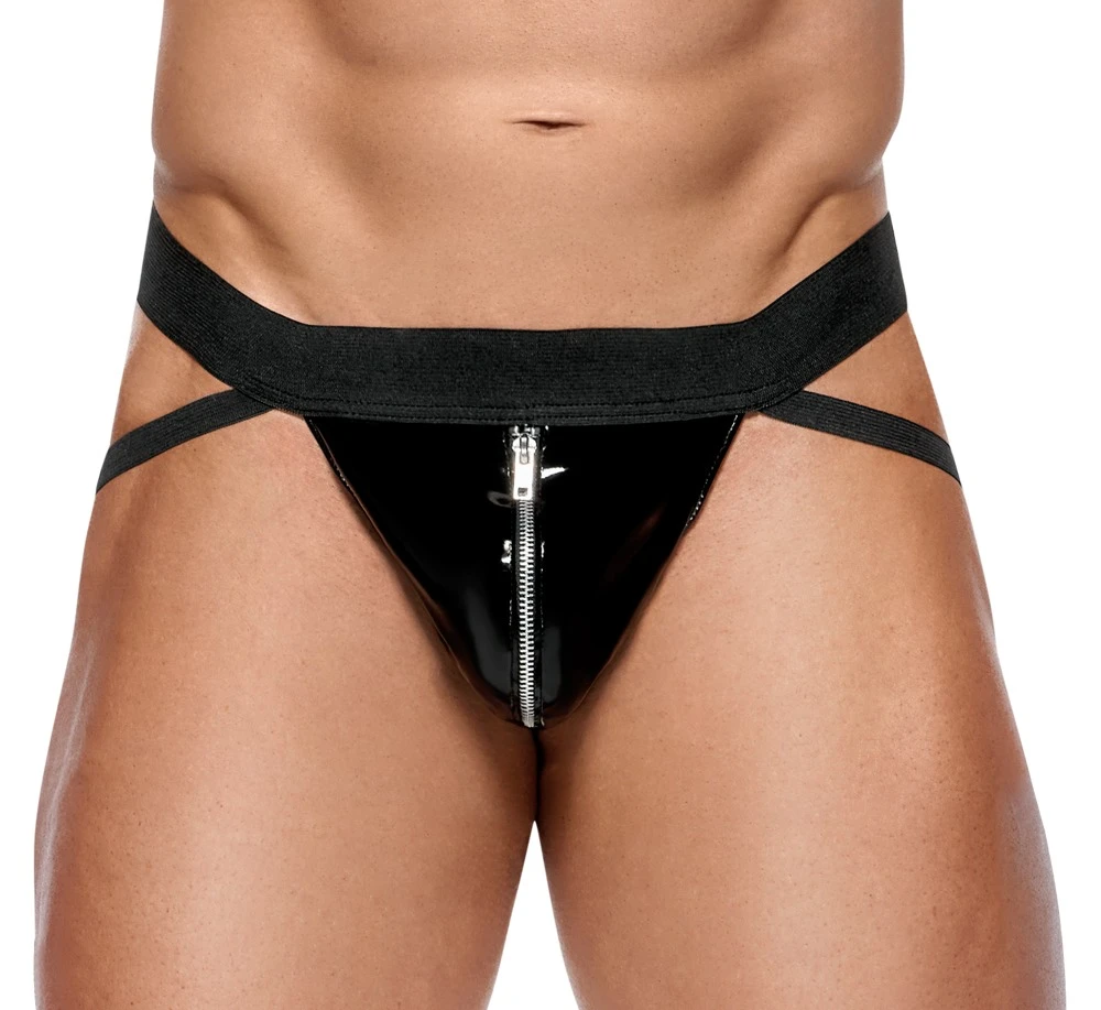 Schwarzer Lack-Jock von Black Level mit breitem, bequemem Webgummi-Bund und komfortablen Webgummi-Riemen. Mit Reißverschluss im Beutel.