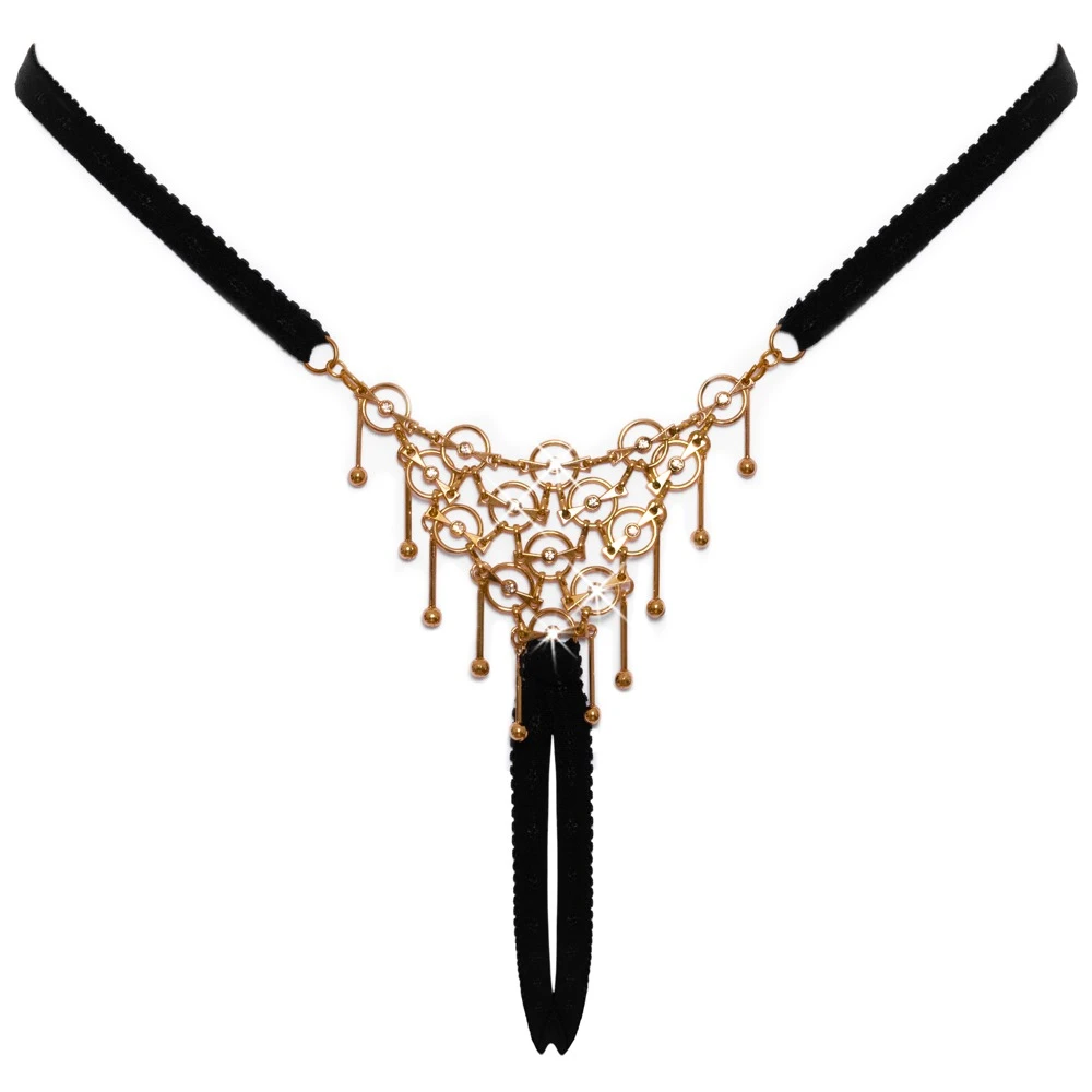 String ouvert schwarz von Cottelli LINGERIE mit filigranem Schmuckgeflecht, Glitzersteinchen und verstellbarem Bund – luxuriöser, offener Schmuckstring aus weichen Stretchbändern