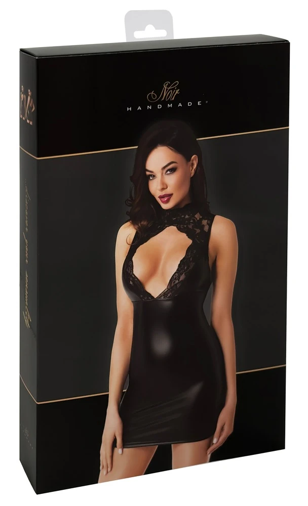 Elegantes Noir Minikleid F343 im Powerwetlook mit Spitzen-Oberteil und Cut-out-Dekolleté und Rücken für einen atemberaubenden Auftritt! Elegantes Noir Minikleid F343 im Powerwetlook mit Spitzen-Oberteil und Cut-out-Dekolleté und Rücken für einen atemberaubenden Auftritt!
