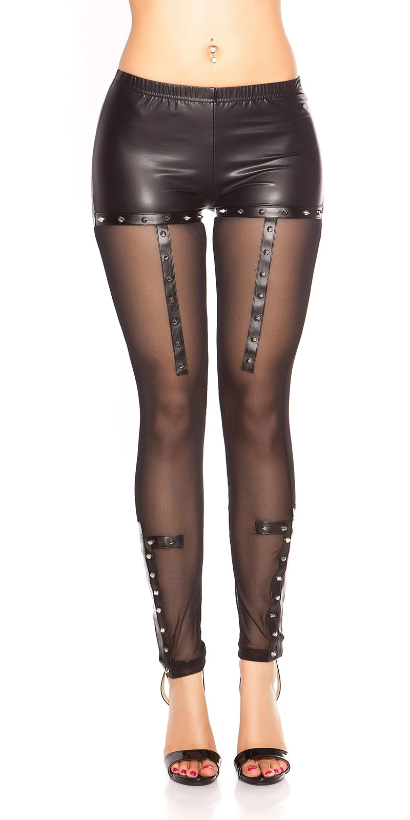 Extravagante Leggings im Wet-Look mit Mesh-Einsatz Extravagante Leggings im Wet-Look mit Mesh-Einsatz