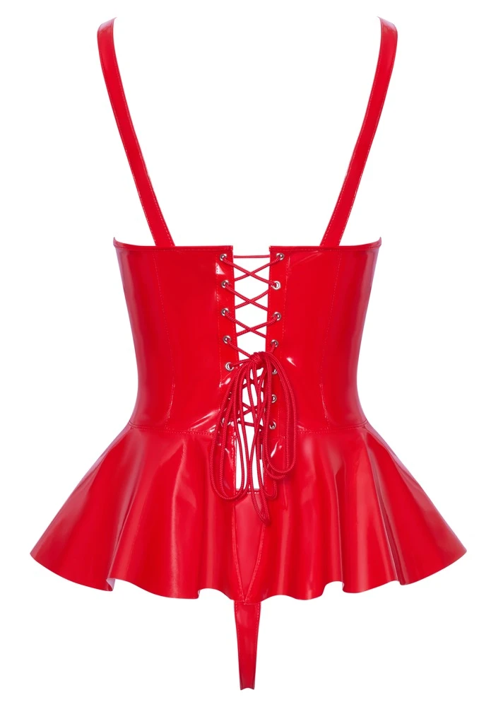 Glänzendes Kinky Lack-Set von Black Level in Rot: Tailliertes Schößchen-Top mit Reißverschluss, variabler Schnürung und Riostring!