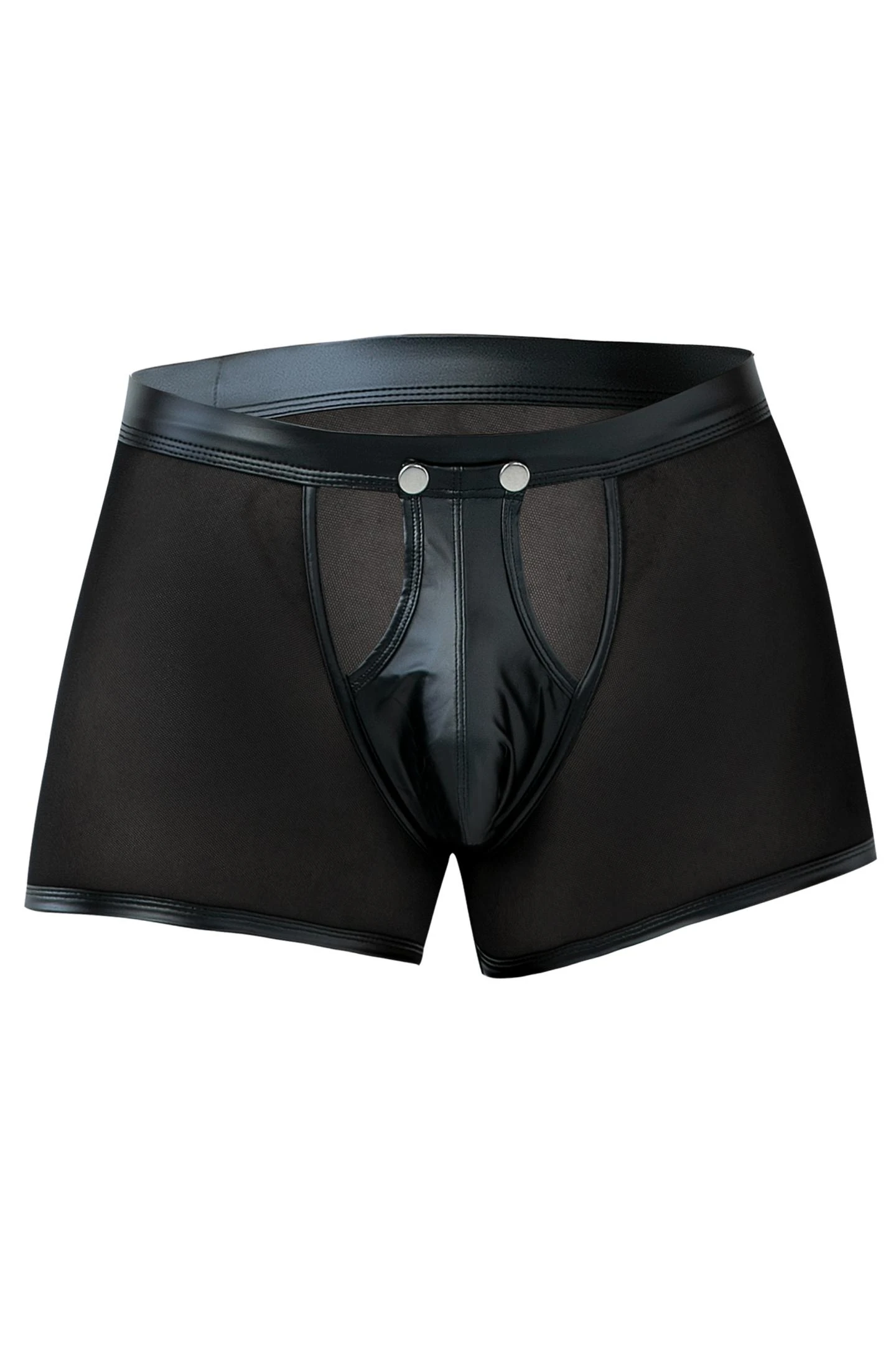 Schwarzer Sheer Boxer C4MRAV101 aus dehnbarem Netz und glattem Material mit aufklappbarem Suspensorium und gummiertem Frontlogo von CUT4MEN