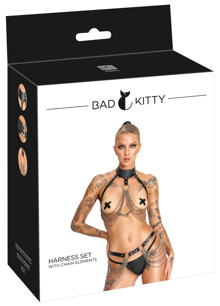 Bad Kitty Harness-Set mit Kettenbesatz, Lederlook & String – verstellbares Brust- und Hüft-Harness in Schwarz