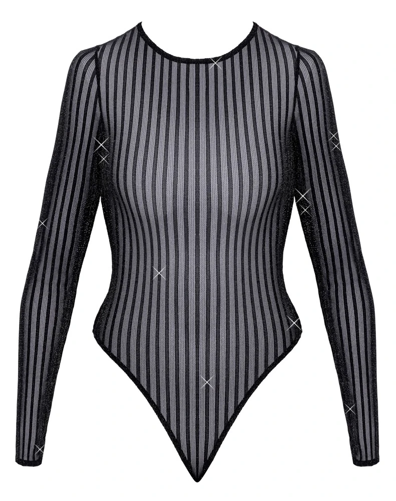 Langarm Riobody transparent mit Silver-Lurex Streifenlook rückenfrei Neckholder Riostring schwarze sexy Reizwäsche Fantasy by Cottelli