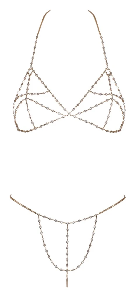 Goldfarbener Ketten-Bikini von Cottelli ACCESSOIRES mit BH und String. Schillernde Strasskettchen über Brüsten und Schambereich. Goldfarbener Ketten-Bikini von Cottelli ACCESSOIRES mit BH und String. Schillernde Strasskettchen über Brüsten und Schambereich.
