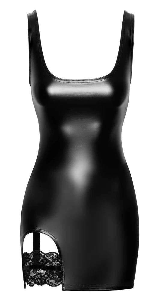 Noir Verführerisches Träger-Minikleid im Powerwetlook mit Straps & Spitzen-Strumpfband Kleid Straps, Clubwear Minikleid
