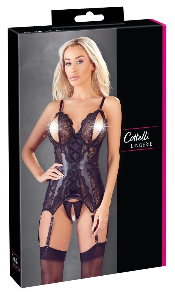 Cottelli LINGERIE Provokantes Strapshemd offen Spitze Schnürung matt Wetlook Erotisch