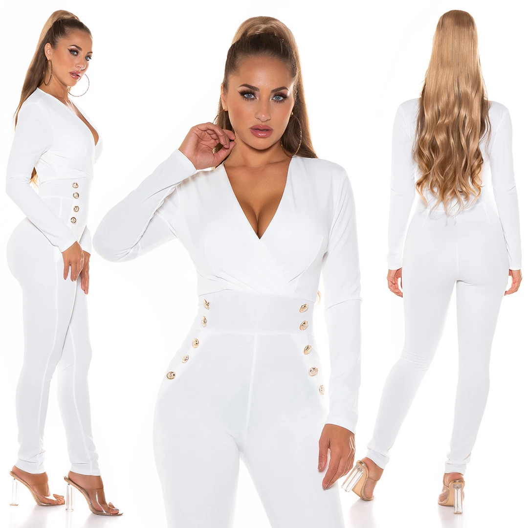 Business Wickel V-Neck Maxi Jumpsuit mit Deko Knöfpe Business Wickel V-Neck Maxi Jumpsuit mit Deko Knöfpe