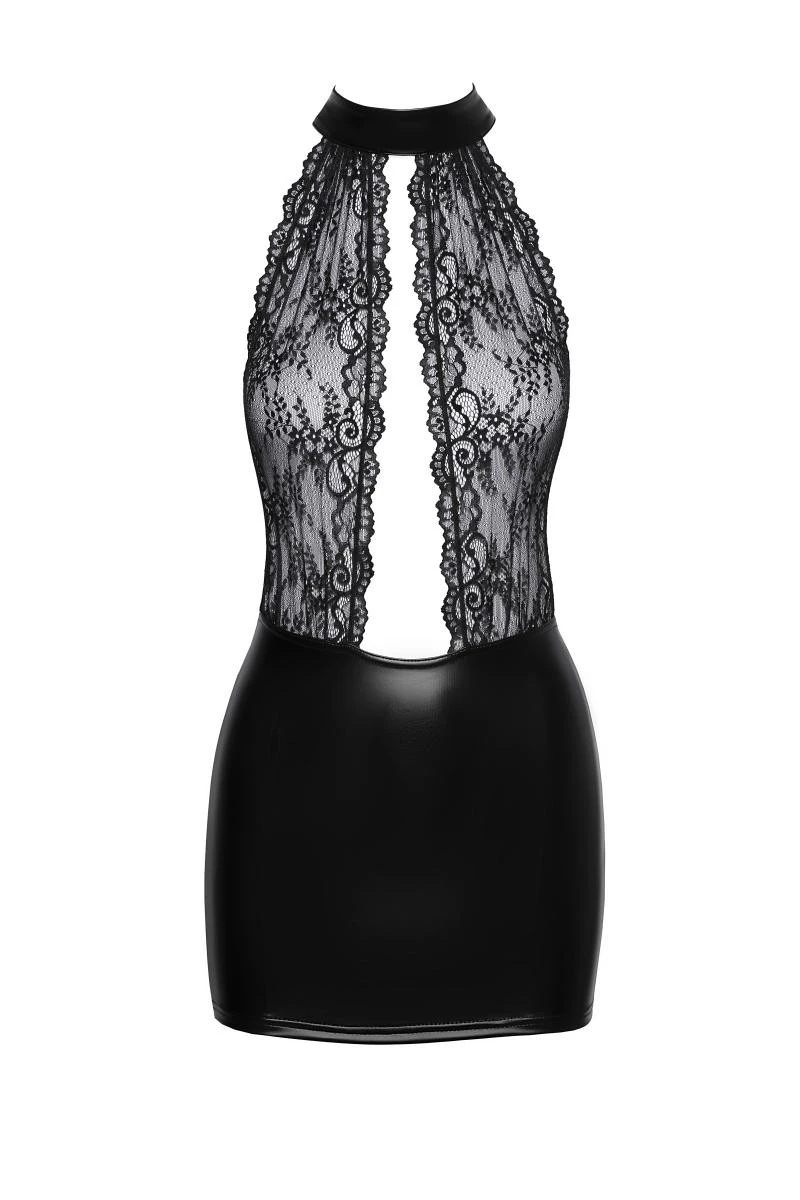 F279 Kurzes Powerwetlook Kleid mit Spitze von Noir Handmade