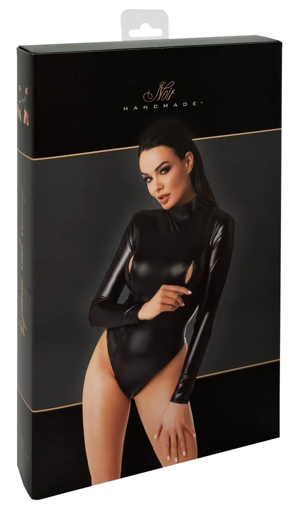 Noir Handmade Schwarzes Powerwetlook Langarm Body, 2-Wege-Reißverschlüssen über den Brüsten, Sexy Figurbetont Noir Handmade Schwarzes Powerwetlook Langarm Body, 2-Wege-Reißverschlüssen über den Brüsten, Sexy Figurbetont