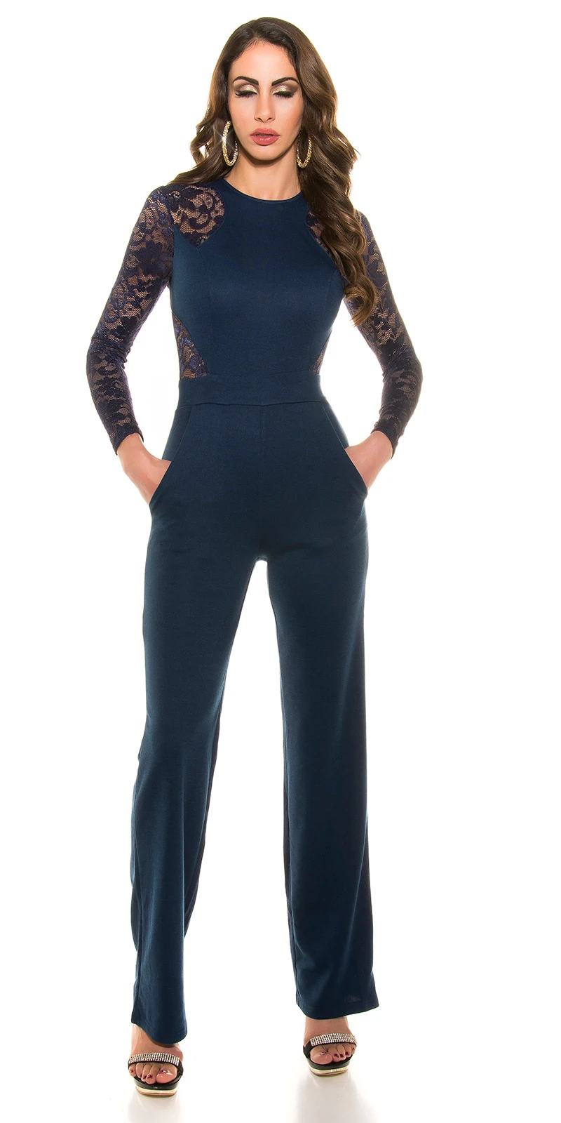 Langarm Long Bootcut Jumpsuit mit Deko Spitze und Zipper Langarm Long Bootcut Jumpsuit mit Deko Spitze und Zipper