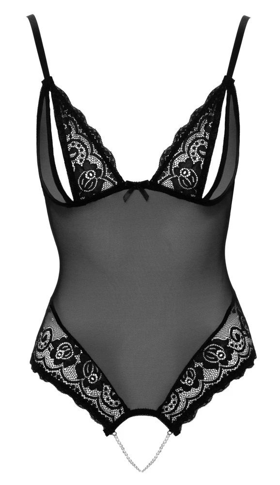 Cottelli LINGERIE Body ouvert aus Powernet und floraler Spitze mit stimulierenden Perlenketten
