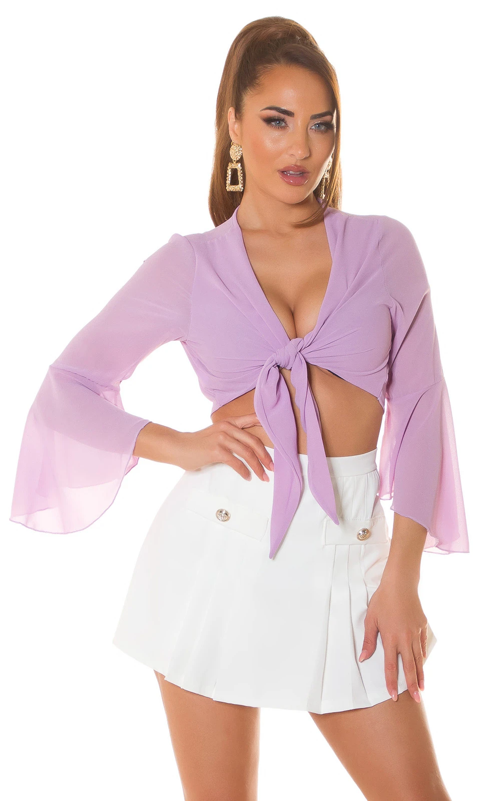 Chic Trompeten Ärmel Crop Bluse zum Binden Chic Trompeten Ärmel Crop Bluse zum Binden