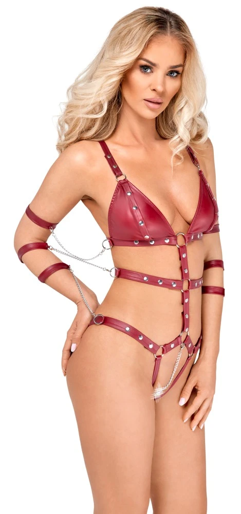 Extravaganter Body ouvert von Bad Kitty in Bondage-Optik aus weichen elastischen Riemen im edlen dunkelroten Mattlook.