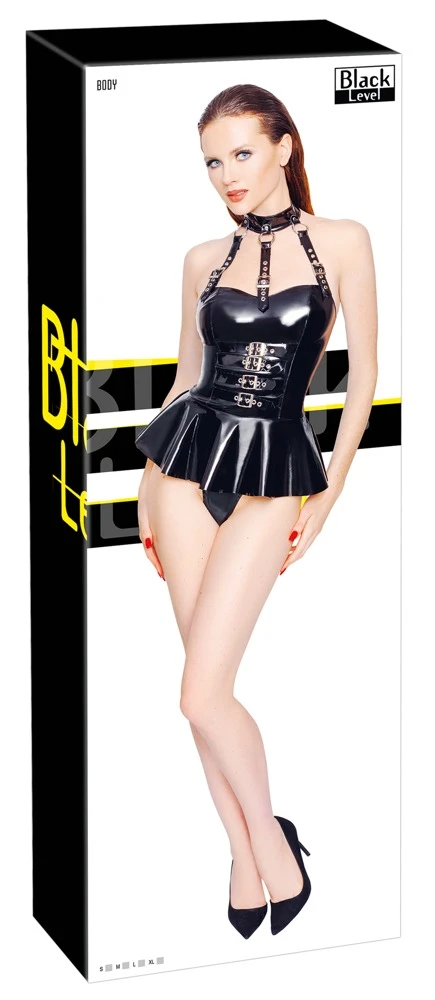 Black Level Lack String Body mit Rock, angenähtem ausgestelltes Röckchen, Rückenfrei, Schnallenriemen zur Taillenbetonung