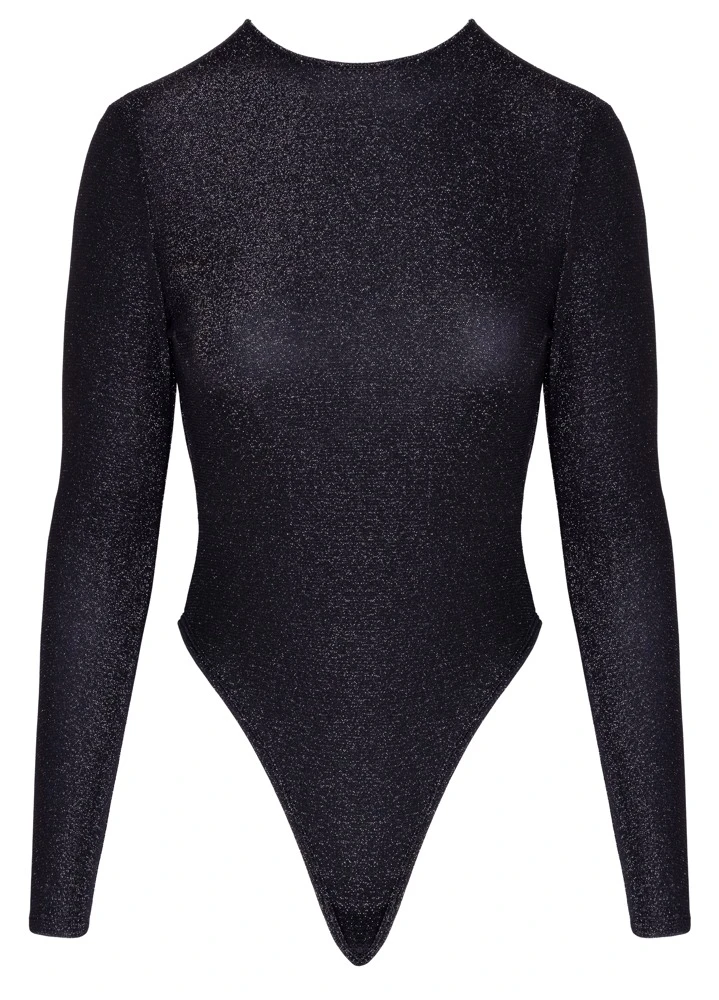 Glitzernder Langarm-Riobody in Schwarz mit Silber-Effekt – rückenfrei, figurbetont und im Schritt praktisch verschließbar von Cottelli