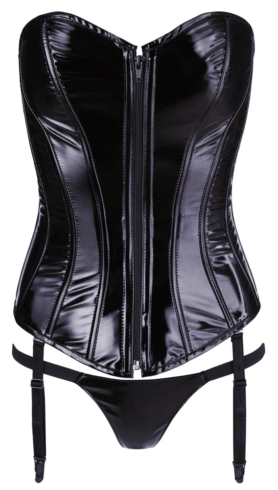 Trägerlose Vollbrust-Corsage von Black Level im schwarzen Lackglanz mit verstell- und sogar ganz abnehmbaren Strumpfhaltern. Trägerlose Vollbrust-Corsage von Black Level im schwarzen Lackglanz mit verstell- und sogar ganz abnehmbaren Strumpfhaltern.