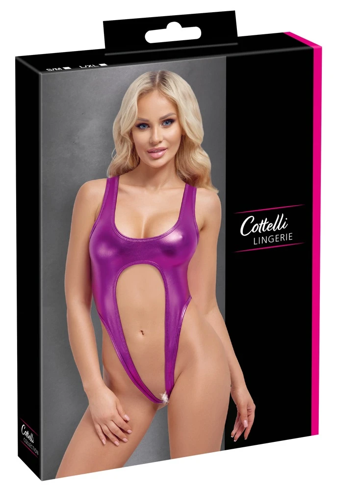 Cottelli LINGERIE Body Metallic-Pink – ultraknapp, po-frei und glänzend sexy mit schillerndem Glanzmaterial und heißen Beinausschnitten