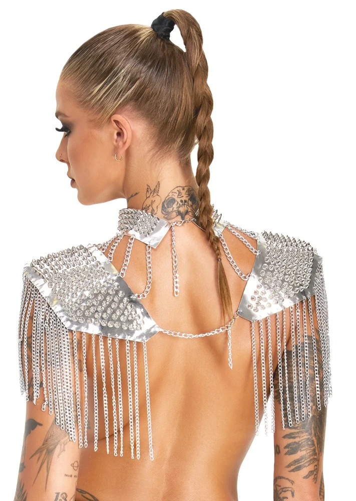 Bad Spiked Collar and shoulder, Bad Kitty Silber Kettenkragen mit Spikes erotischer Körperschmuck Unisex Harness für Hals Schultern Oberarme