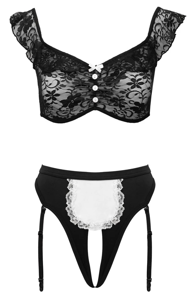 Servier-Set Spitzen-Top & Straps-Riostring Erotisch ouvert schwarzweiß schulterfrei offene Schritt verstellbare Strapse Cottelli COSTUMES
