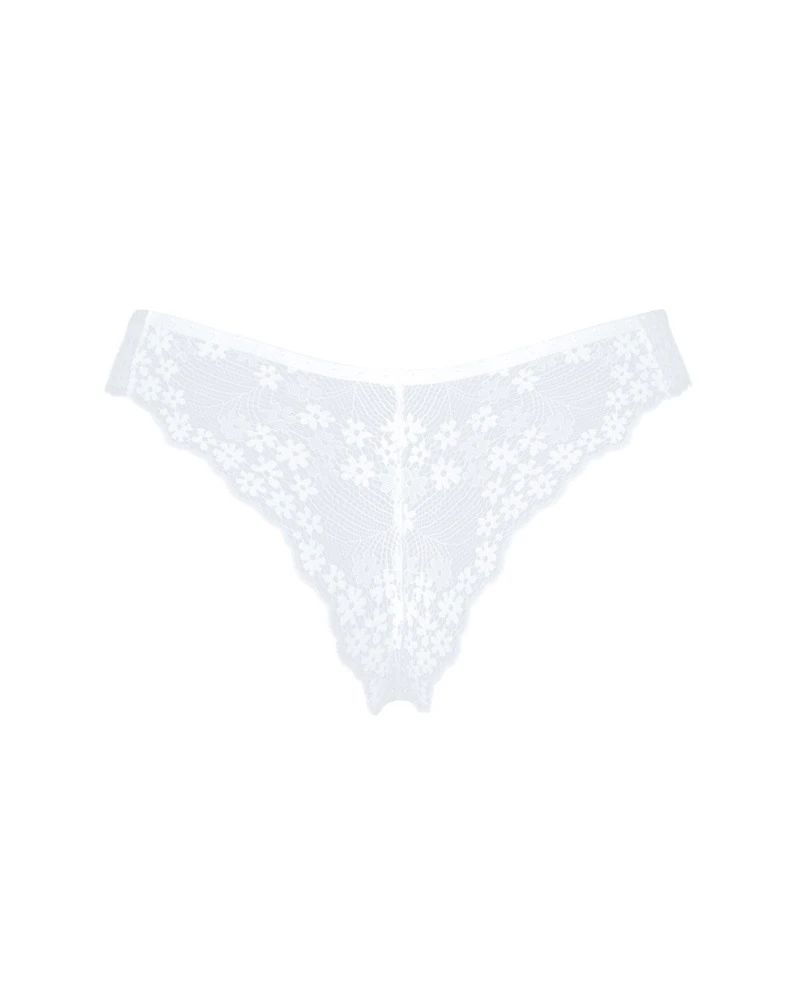 Obsessive String im Brazilian-V-Cut aus feinem Stretchtüll mit Blütenspitze und kleinen Schmuckelement am Bund. Elastisch & weich