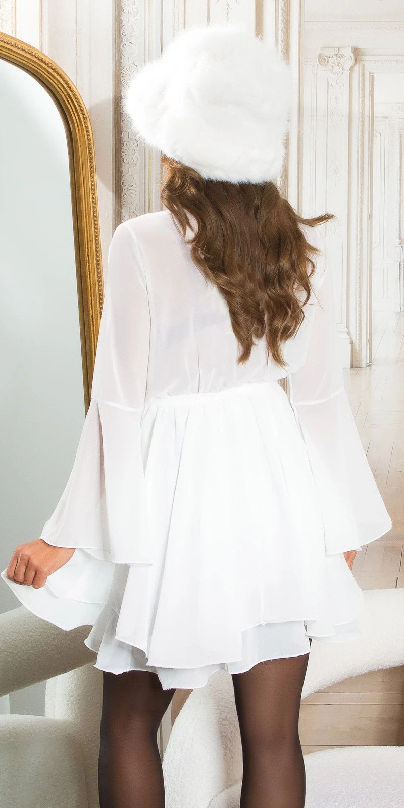 Feen Look Chiffon Kleid Wickel V-Neck Volant Minikleid Cocktailkleid mit Trompeten Ärmel und Gürtel Feen Look Chiffon Kleid Wickel V-Neck Volant Minikleid Cocktailkleid mit Trompeten Ärmel und Gürtel