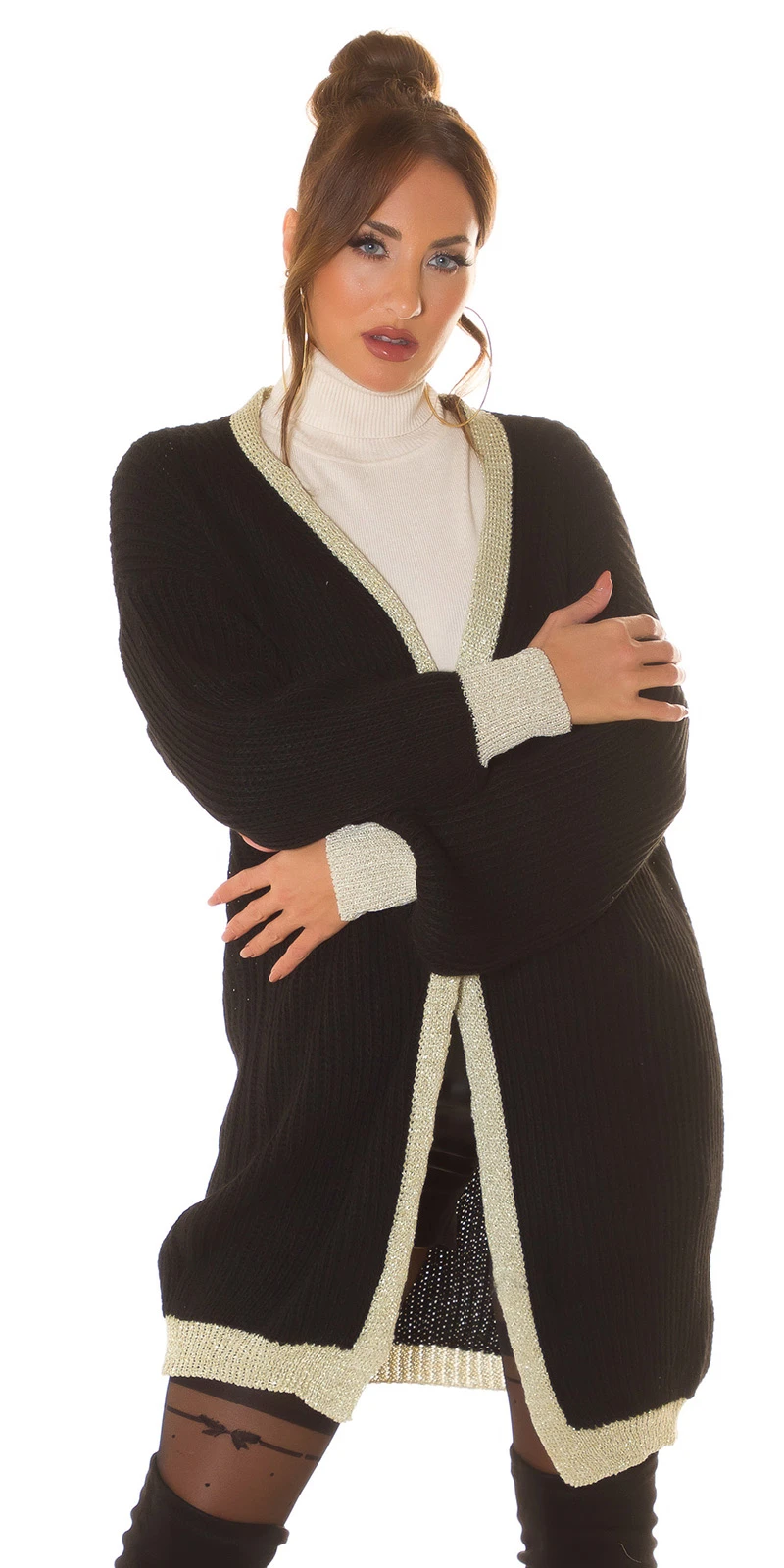 Chic Oversize Strick Long Cardigan mit Glamour-Borte Chic Oversize Strick Long Cardigan mit Glamour-Borte