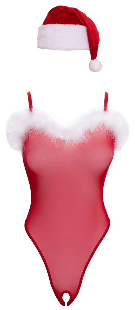 X-Mas Body und Mütze S/MStringbody & Weihnachtsmütze im Set aus rotem Powernet mit weißem Federbesatz und frecher Rückenansicht für sinnliche Festtage