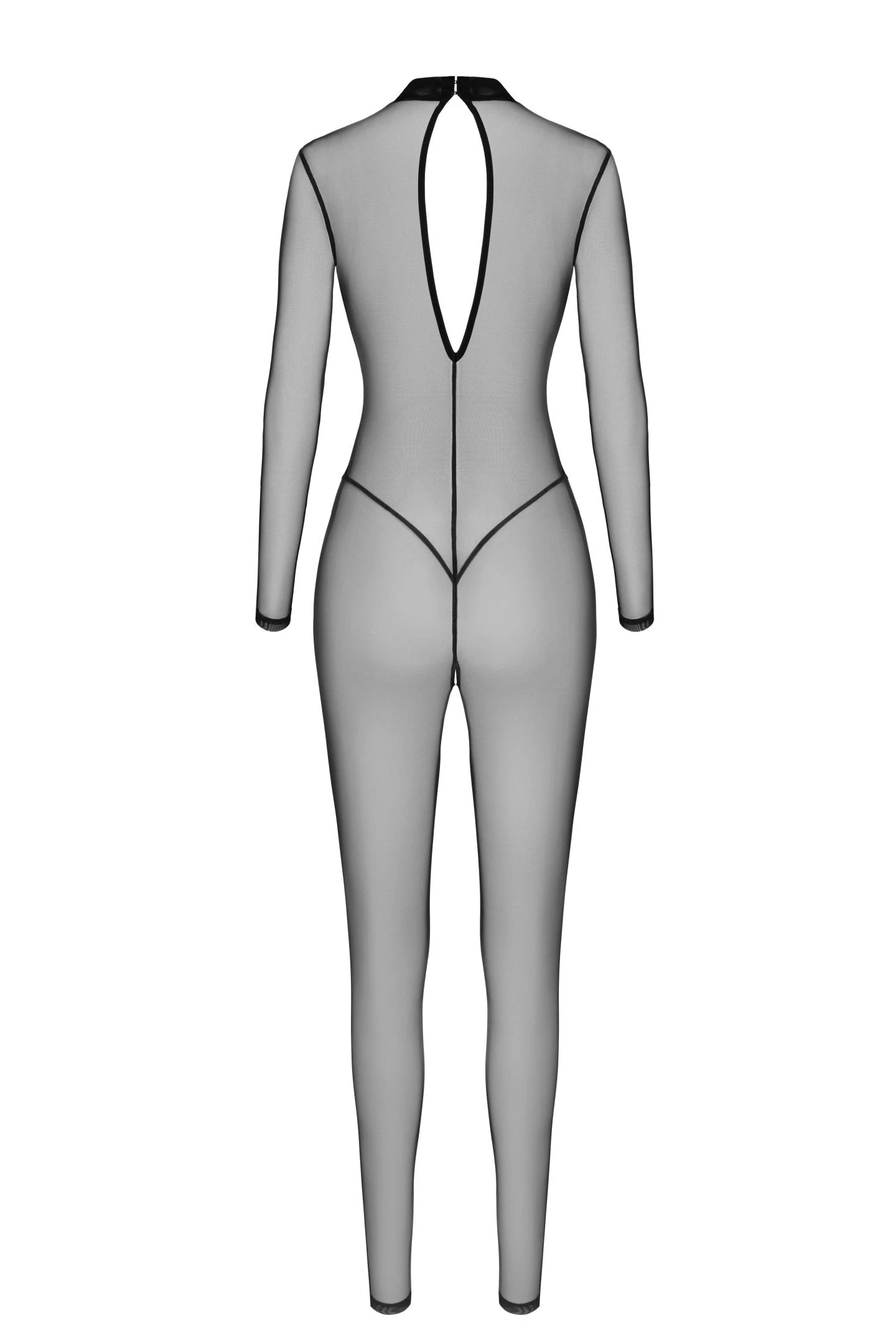 F387 Troublemaker Catsuit – Kinky transparenter Tüll-Overall mit Flockprint, langen Ärmeln, offenem Schritt & heißem Rückenschlitz Dessous-Style Noir Handmade