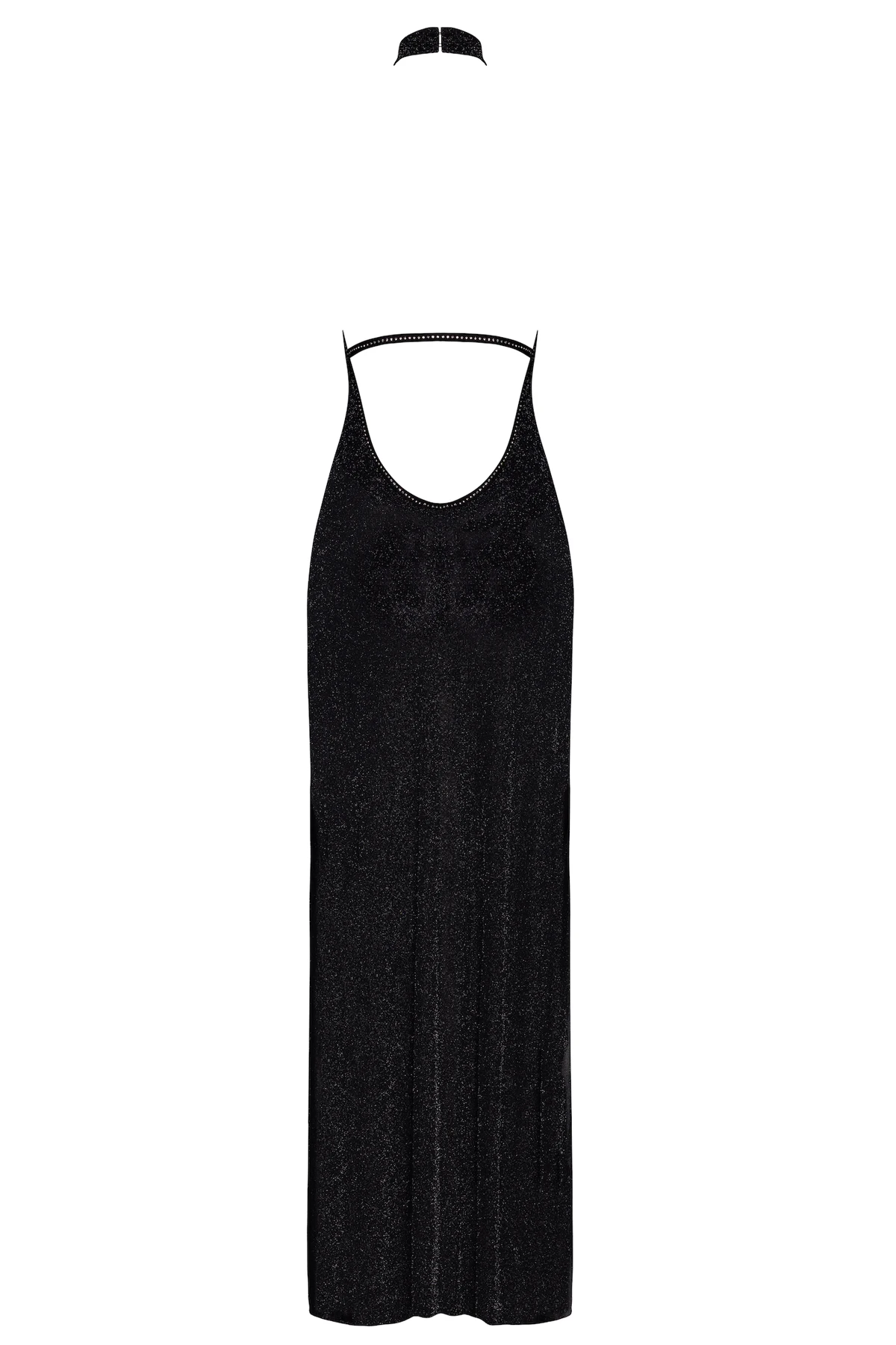 Langes Kinky Kleid Onyx Twin-slit von Noir Handmade aus schimmerndem Netzmaterial mit Strasssteinchen, tiefem Rückenausschnitt und doppelt geschlitztem Rock für einen ausdrucksstarken, glamourösen Look von Noir Handmande F372
