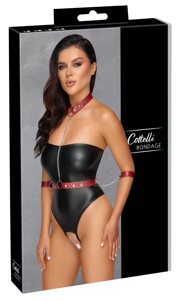Cottelli Verführerischer Eleganz: Der Schulterfreie Stringbody mit Abnehmbarem Harness und Accessoires in Edlem Schwarz und Rot