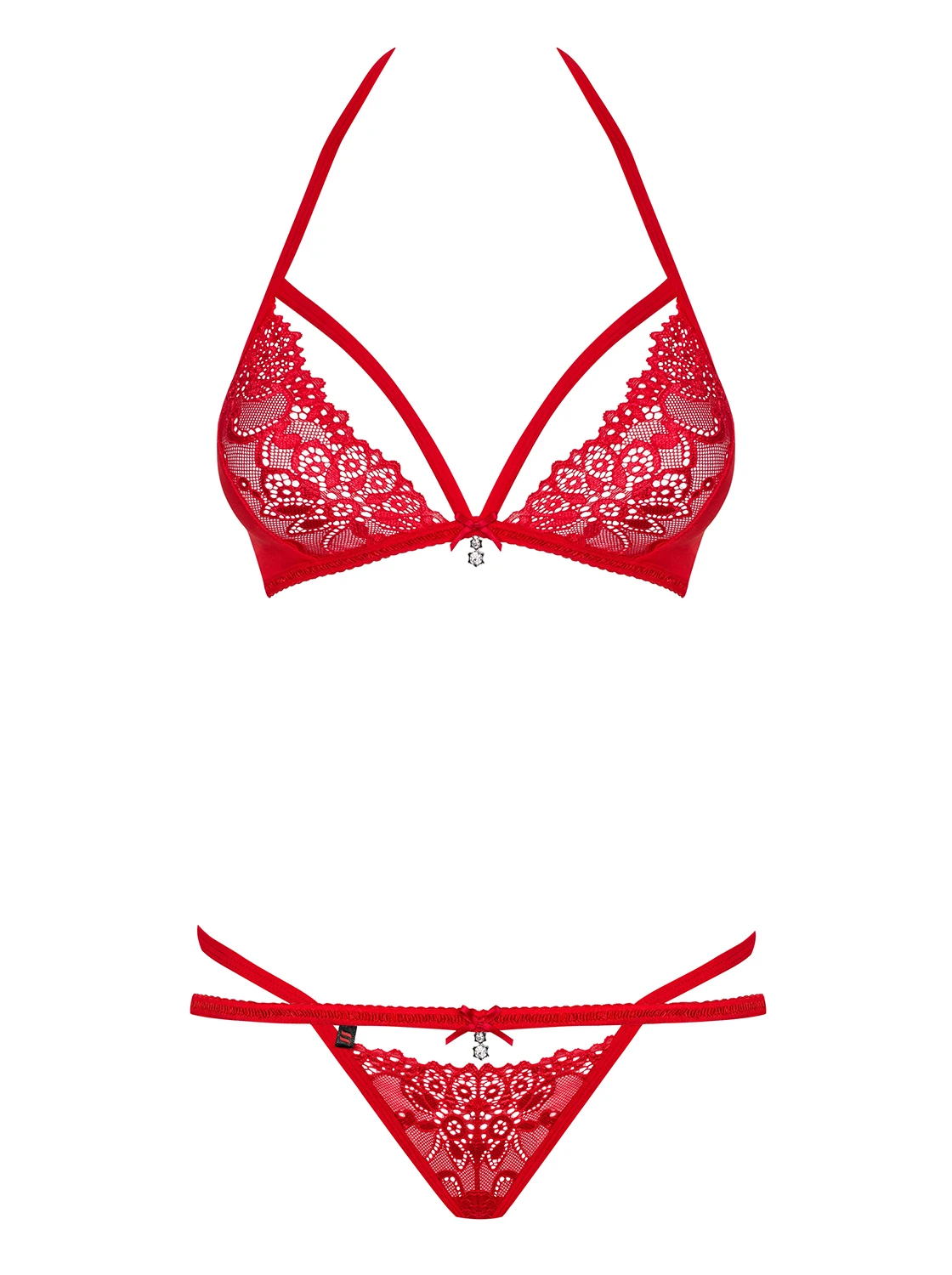 Damen Dessous Set String und Neckholder BH tiefer Ausschnitt rot aus Spitze transparent mit Bänder