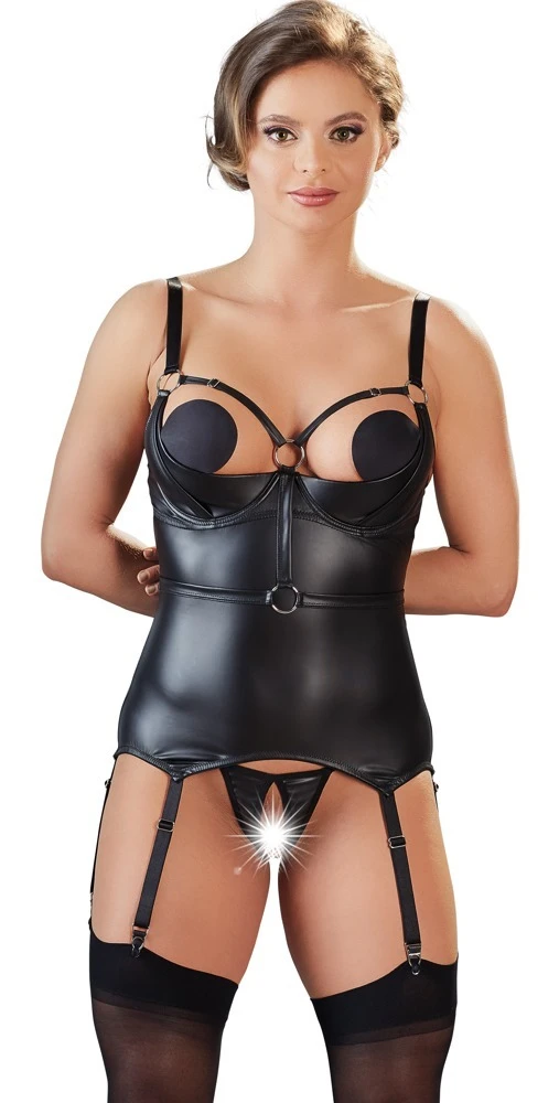 Cottelli Schwarzes Strapshemd mit verstellbaren Riemen und ouvert String