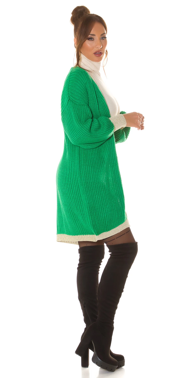 Chic Oversize Strick Long Cardigan mit Glamour-Borte Chic Oversize Strick Long Cardigan mit Glamour-Borte