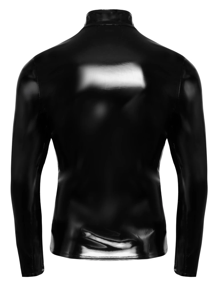 Extravagantes schwarzes Langarm-Shirt von Black Level aus glänzendem Lack mit aufregend transparenten Netz-Einsätzen. Extravagantes schwarzes Langarm-Shirt von Black Level aus glänzendem Lack mit aufregend transparenten Netz-Einsätzen.