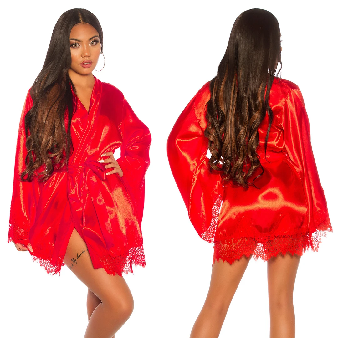 Satin Kimono mit Spitze und Gürtel