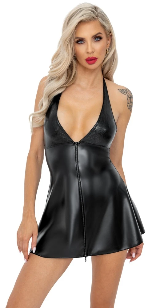 Rückenfreies Kleid im edlen Material-Mix, Oberteil in Schlangenhaut-Optik, Rockteil im Powerwetlook
