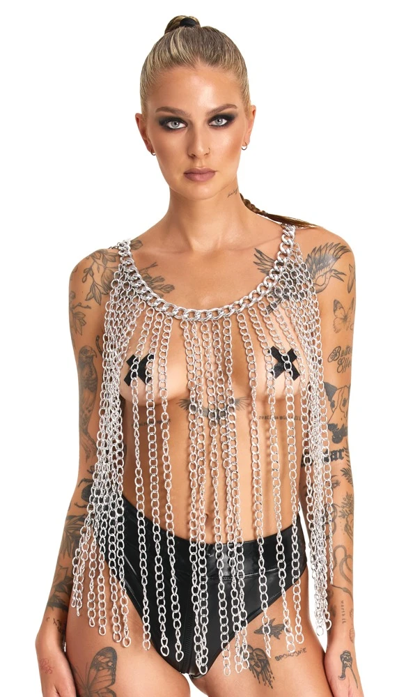 Bad Chainmail Collar, Bad Kitty Silberfarbene Unisex Körperkette als Kragen, Gürtel oder Rock verstellbar mit markantem Kettenlook