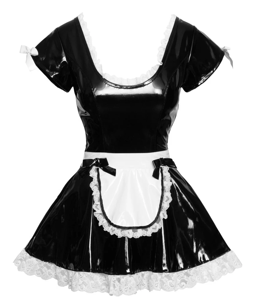 Sexy Servierkleid mit kurzem Arm von Black Level komplett im schwarzen Lackglanz mit angenähter weißer Lack-Schürze.