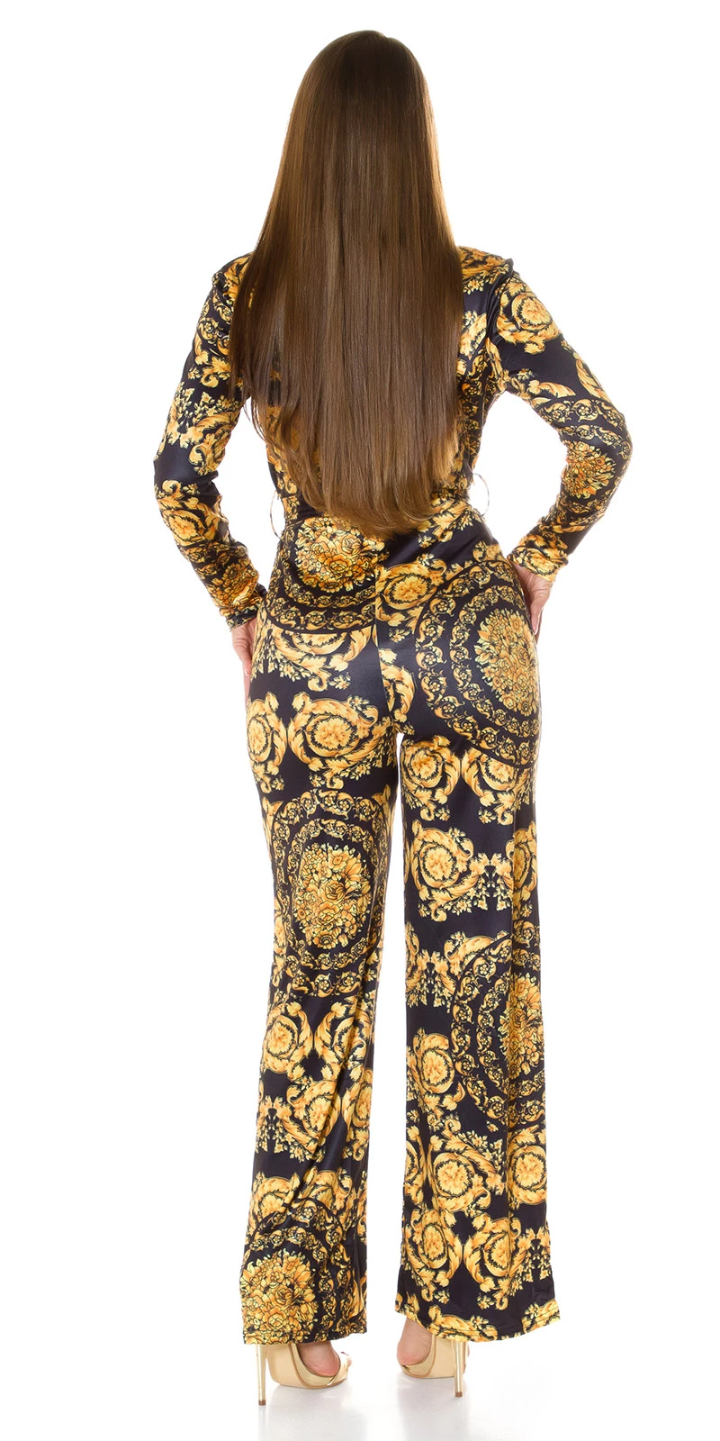 Printed Maxi Jumpsuit im Business-Look mit Wickel V-Neck und Gürtel