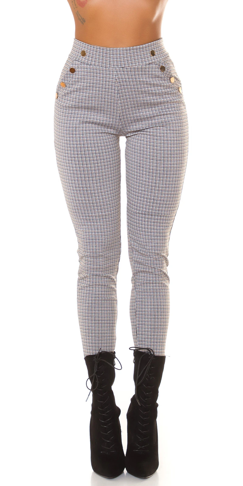 Karo Printed Skinny High Waist Leggings Hose mit Deko Knöpfe Karo Printed Skinny High Waist Leggings Hose mit Deko Knöpfe