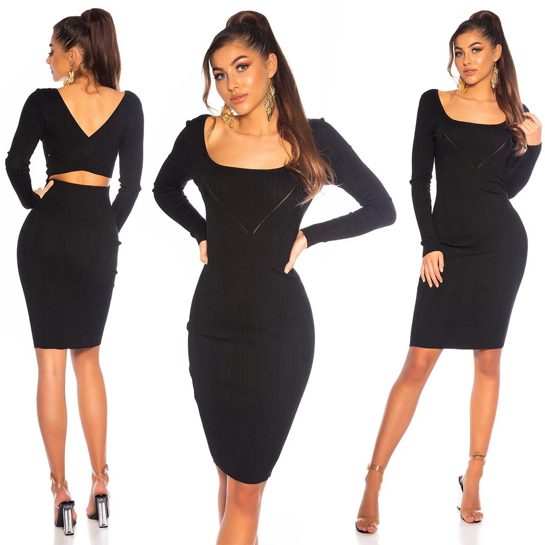 Cocktail Strickkleid mit Rücken-Cutout und Streifen-Musterung