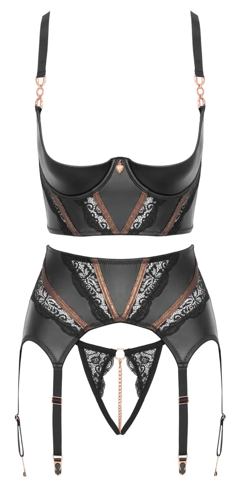 Abierta Fina Hebe-BH Set 3-teilig mit Strapsgürtel Ouvert-String Mattlook Spitze Roségold Reizwäsche Schwarz